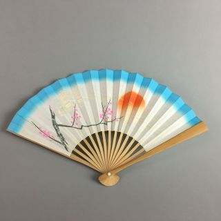 Japanese Folding Fan Vtg Sensu Paper Bamboo Frame Raku Ware Hand - Printed 4d275