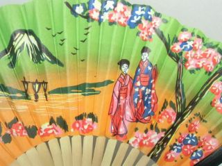 Japanese Paper Folding Fan Vtg Sensu Kimono Girl Floral Design 6.  5in A2