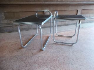 Two Gilbert Rohde Troy Sunshade Streamline Art Deco Tubular Chrome Side Tables