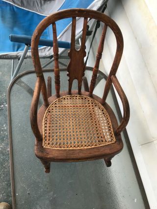 Vintage Antique Childs Wooden Rocking Chair With Wicker Bottom