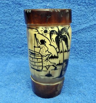Vintage African Gambia Horn Drinking Cup Beaker Decorated Africa