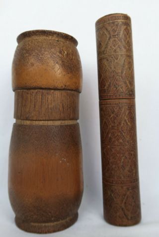 2 Pc Indonesian Timor Bamboo Betelnut Container Artifact Late 20th C Oceania