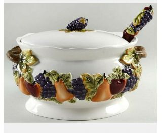 Tureen & Lid W/ladle Sonoma Villa By Home Interior Hand Painted Fruit 3d