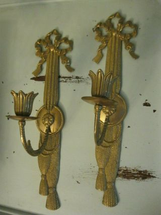 Vtg Victorian French Bow Ribbon Candle Wall Sconces Tassels Solid Brass Pair