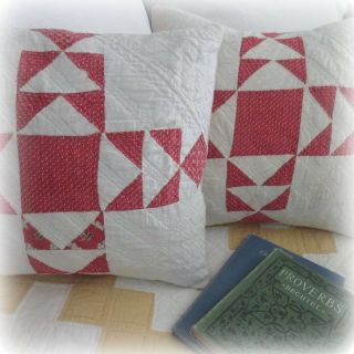 A Pair Antique Civil War Turkey Red Quilt Pillow (2) 12x12 "