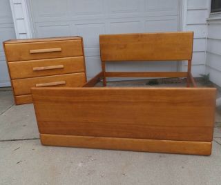 Mid Century Modern Heywood Wakefield Style Small Bedroom Set Bed 3 Drawer Chest