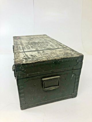 Vintage WOOD FOOT LOCKER w Tray military US army trunk chest Green storage wwii 6