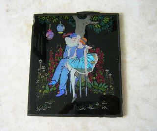 Art Deco Butterfly Wing Picture Pierrot & Columbine In Garden With Lanterns 1920
