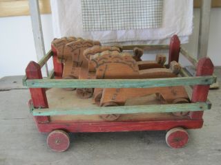 Old Primitive Orig.  Paint Wood Wagon With Four Wood Horses On Wood Wheels Aafa