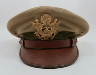 Ww2 Us Officer Visor Cap Hat Army Air Corp Force Uniform Khaki Tropical Tan Name