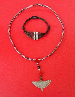 East African Tribal Art Masai Beaded Bead Work Necklace & Unusual Hair Bracelet