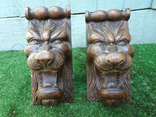 Pair: Mid 19thc Gothic Wooden Oak Lion Head Corbels C1840s