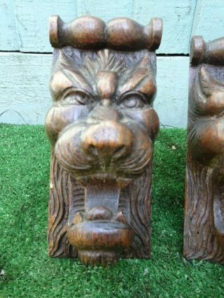 PAIR: MID 19thC GOTHIC WOODEN OAK LION HEAD CORBELS c1840s 2