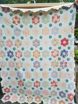 Antique 1920’s - 30’s Quilt Grandmother’s Flower Garden Sewn By Hand 64” X 82”