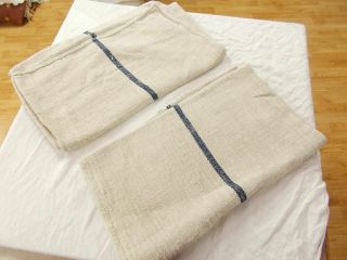 2 Vtg Antique Blue Stripe Hemp Linen Pair King Pillowcases Feedsack Grain Bag