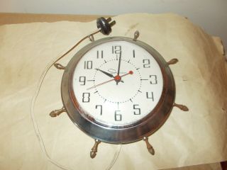 True Vintage Ingraham Electric Wall Clock - Ships Wheel Theme - Silver Metal -