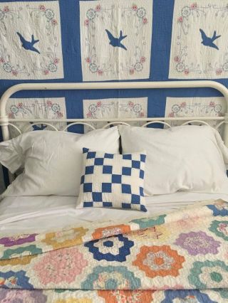 Blue White Ninepatch Vintage Cottage Farmhouse Quilt Pillow 14 " Charming 1