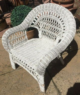 Pretty White Vintage Childs Lloyd Loom Style Wicker Chair - Beaded Decoration