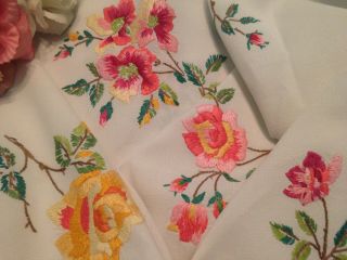 Vintage Hand Embroidered White Linen Tablecloth Stunning Assorted Roses