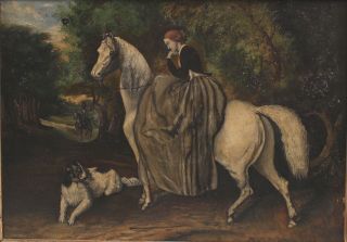 Antique 19thC Folk Art Tin Painting Woman Sidesaddle White Horse & Border Collie 3