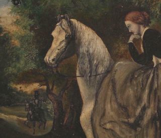 Antique 19thC Folk Art Tin Painting Woman Sidesaddle White Horse & Border Collie 4