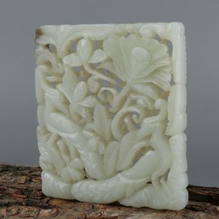 Chinese Exquisite Hand - carved Flower and bird carving Hetian jade Pendant 3