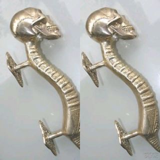 2 Small Skull Handle Door Pull Spine Solid Brass Old Vintage Style Silver 8 " B