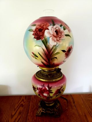 Antique Victorian Gone With The Wind Lamp Handpainted Roses