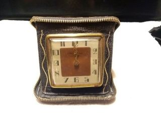Antique Travel Clock Leather Case,  Mechanical