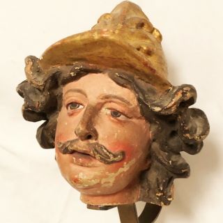 Antique Carved Wooden Fragment Spanish Conquistador Head 3