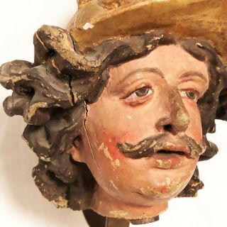 Antique Carved Wooden Fragment Spanish Conquistador Head 5