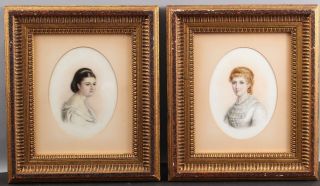 2 Antique Circa - 1890s Victorian Young Women Portrait Paintings On Milk Glass Nr