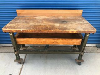 Vintage Rustic Workbench Antique Industrial Wood Iron Table Desk Factory