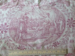Hand Blocked French Antique Faded Red & White Linen Toile Valance L - 21 " X W - 29 "