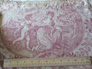 Hand Blocked French Antique Faded Red & White Linen Toile Valance L - 21 