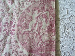Hand Blocked French Antique Faded Red & White Linen Toile Valance L - 21 
