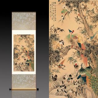 Chinese Silk Scroll Painting Phoenix Home Office Decoration (百鸟朝凤)