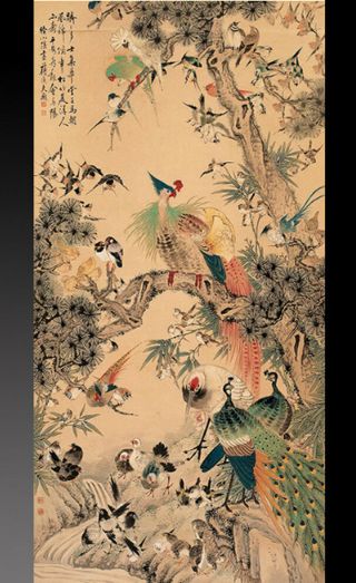 Chinese Silk Scroll Painting Phoenix Home Office Decoration (百鸟朝凤) 2