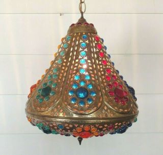 Vintage Moorish Moroccan Turkish Brass Pendant Swag Lamp Fixture Lantern Hippie