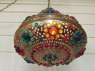 Vintage Moorish Moroccan Turkish Brass Pendant Swag Lamp Fixture Lantern Hippie 2