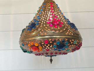 Vintage Moorish Moroccan Turkish Brass Pendant Swag Lamp Fixture Lantern Hippie 3