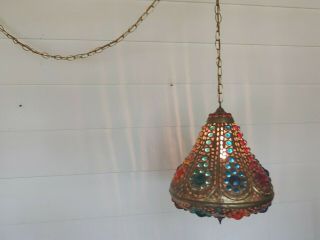 Vintage Moorish Moroccan Turkish Brass Pendant Swag Lamp Fixture Lantern Hippie 4
