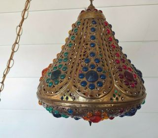 Vintage Moorish Moroccan Turkish Brass Pendant Swag Lamp Fixture Lantern Hippie 5