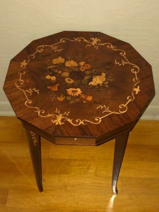 Vintage Italian Music Box Table Inlaid Walnut Marquetry Dodecagon 12 Sided Top