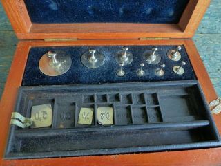 Old Vintage Antique Gold Apothecary Scale Weights Wood Box