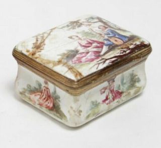 Antique English Bilston Or Battersea Enamel Square Box,  With Courting Couples,  C