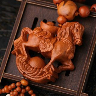 Wealth Horse 3d Wood Carved Chinese Feng Shui Kallaite Amber Beads Car Pendant