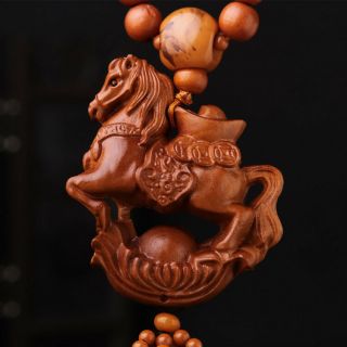 Wealth Horse 3D Wood Carved Chinese Feng Shui Kallaite Amber Beads Car Pendant 2