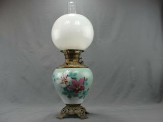 Antique Edward Miller Brass Juno Oil Lamp Painted Glass Center Wick Complete
