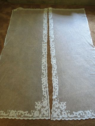 Antique Vintage Tambour Net Embroidered Lace Curtains Floral 29 " X 75 " Pair